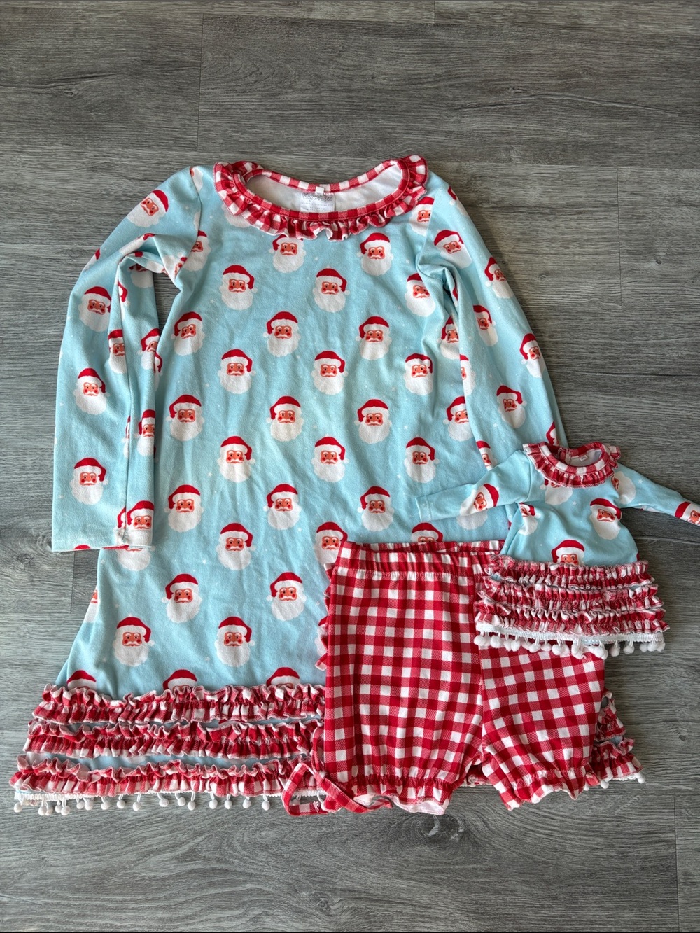 Sugar Light Blue Santa Print Pajama Set with Red Gingham Shorts and Doll Dress